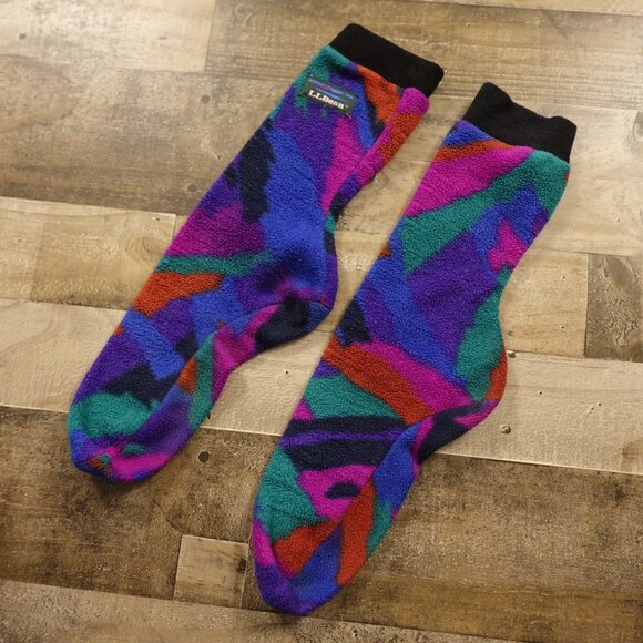 Vintage L.L. Bean Fleece Socks M Multicolor Geometric Pattern Cozy Warm Retro - Picture 4 of 7